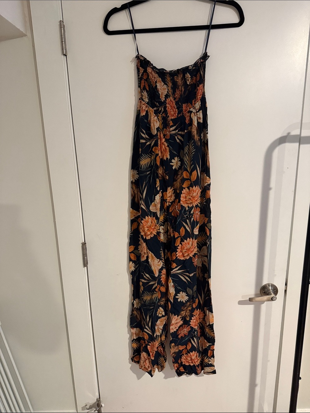 Navy Floral Smocked Jumpsuit with Orange Print